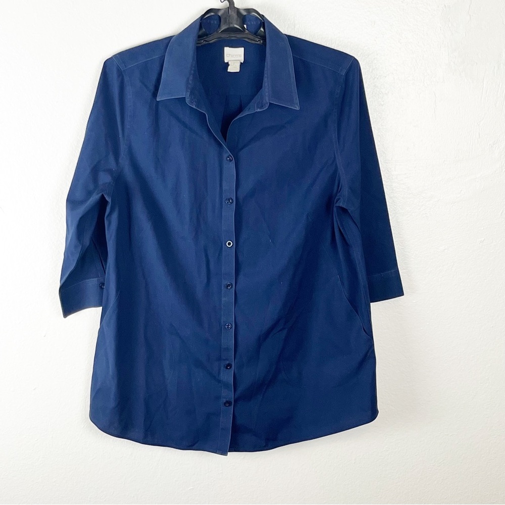 CHICO’S Navy Blue 3/4 Sleeves Button Top Blouse Large Casual Office Work Career
